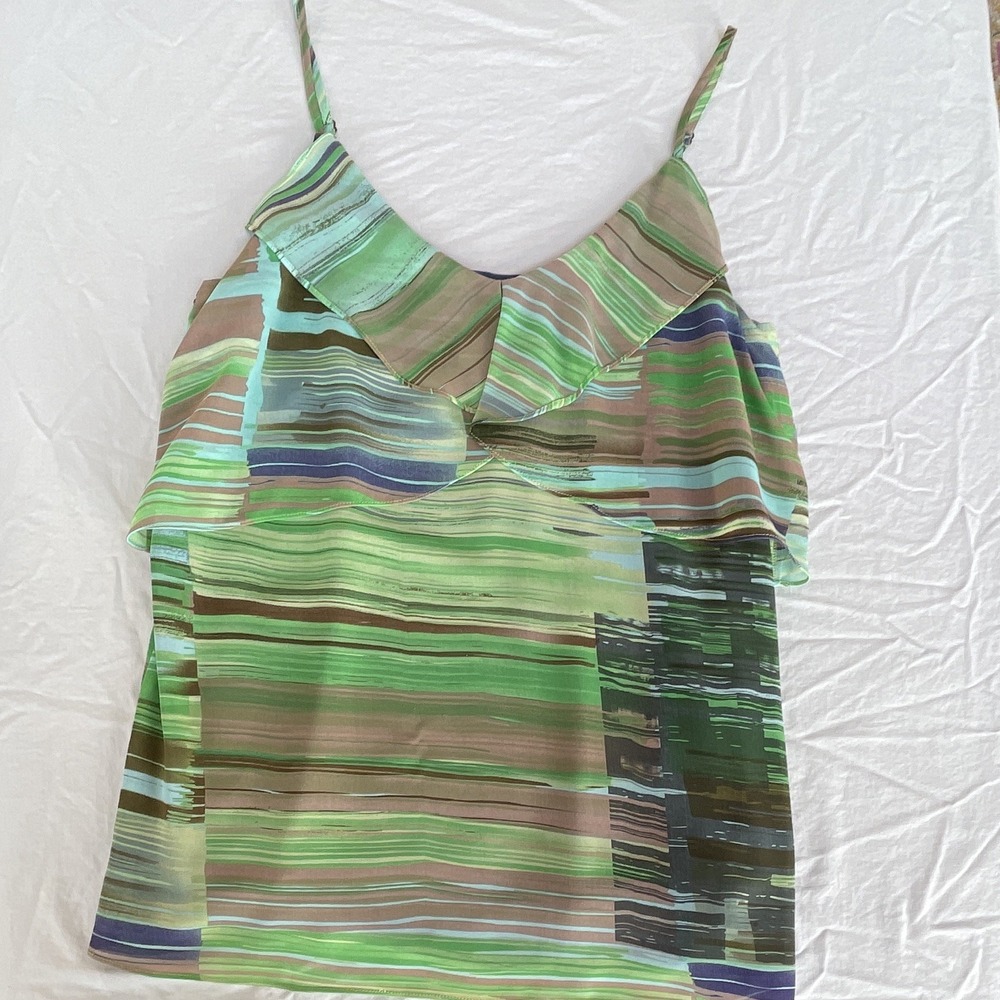 CAbi Green Blue Striped V-Neck Spaghetti Strap Chiffon Camisole Tank Size S‎